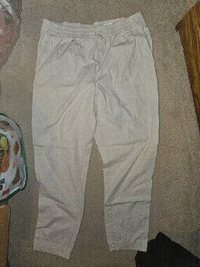 H&M Beige Pinstripe Boho Linen-Blend Drawstring Trousers Large Relax Fit (~xl)